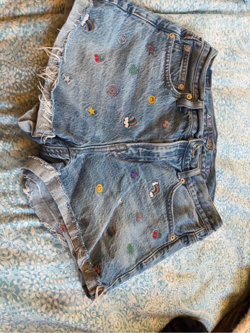 American Eagle Outfitters Light Blue Embroidered Denim Shorts